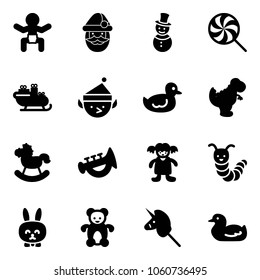 Solid vector icon set - baby vector, santa claus, snowman, lollipop, sleigh, christmas elf, duck toy, dinosaur, rocking horse, horn, doll, caterpillar, rabbit, bear, unicorn stick