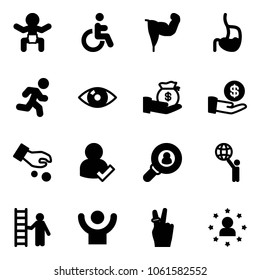 Solid vector icon set - baby vector, disabled, power hand, stomach, run, eye, investment, user check, head hunter, world, opportunity, success, victory, star man