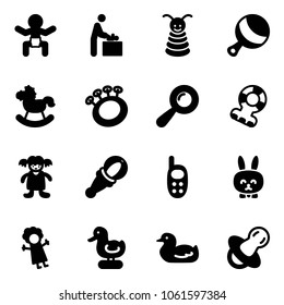 Solid vector icon set - baby vector, room, pyramid toy, beanbag, rocking horse, teethers, doll, phone, rabbit, duck, soother