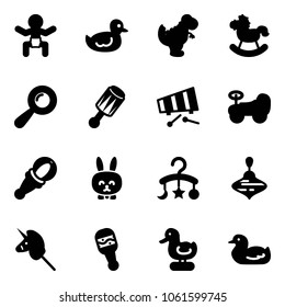 Solid vector icon set - baby vector, duck toy, dinosaur, rocking horse, beanbag, xylophone, car, rabbit, carousel, wirligig, unicorn stick