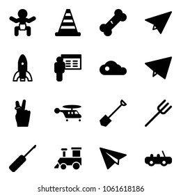Solid vector icon set - baby vector, road cone, broken bone, paper plane, rocket, presentation, cloud, fly, victory, helicopter, shovel, farm fork, awl, toy train, car