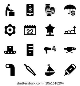 Solid vector icon set - baby room vector, mobile payment, coin, insurance, gear, calendar, growth, conveyor, server, dryer, pipe welding, allen key, forceps, sailboat toy, marker