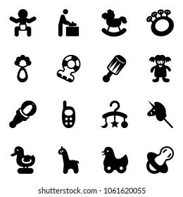 Solid vector icon set - baby vector, room, rocking horse, beanbag, teethers, doll, phone toy, carousel, unicorn stick, duck, giraffe, soother