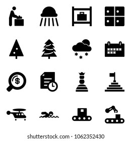 Solid vector icon set - baby room vector, shower, baggage, christmas tree, snowfall, schedule, money search, history, chess queen, pyramid flag, helicopter, swimming, conveyor