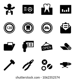 Solid vector icon set - baby vector, safe, tooth, statistics, speed limit 120 road sign, no dangerous cargo, bike, opened mail, folder, presentation, open, mat, sledgehammer, pliers, rivet