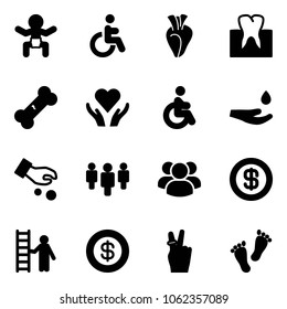 Solid vector icon set - baby vector, disabled, heart, tooth, broken bone, care, drop hand, investment, group, dollar, opportunity, victory, feet