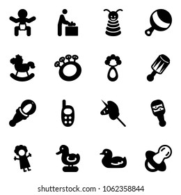Solid vector icon set - baby vector, room, pyramid toy, beanbag, rocking horse, phone, unicorn stick, doll, duck, soother