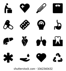 Solid vector icon set - baby room vector, heart, thermometer, floor scales, pills, blister, mri, stomach, liver, lungs, tooth, ambulance star, drop hand, recycling