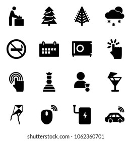 Solid vector icon set - baby room vector, christmas tree, snowfall, no smoking sign, schedule, safe, hand touch, cursor, chess queen, winner, drink, kite, mouse wireless, power bank, car