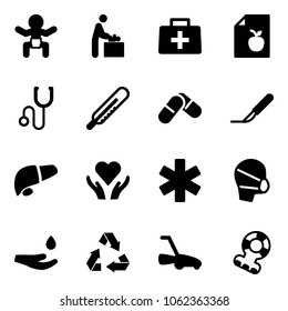 Solid vector icon set - baby vector, room, doctor bag, diet list, stethoscope, thermometer, pills, scalpel, liver, heart care, ambulance star, medical mask, drop hand, recycling, lawn mower