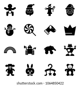 Solid vector icon set - baby vector, santa claus, snowman, lollipop, dog, crown, rainbow, robot, elephant wheel, doll, toy rabbit, carousel, bear