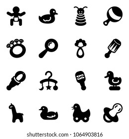 Solid vector icon set - baby vector, duck toy, pyramid, beanbag, carousel, giraffe, soother
