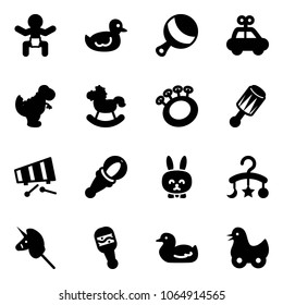 Solid vector icon set - baby vector, duck toy, beanbag, car, dinosaur, rocking horse, xylophone, rabbit, carousel, unicorn stick