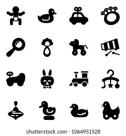 Solid vector icon set - baby vector, duck toy, car, beanbag, wheel horse, xylophone, rabbit, train, carousel, wirligig