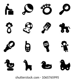 Solid vector icon set - baby room vector, beanbag, teethers, wheel horse, phone toy, doll, duck, giraffe