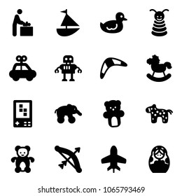 Solid vector icon set - baby room vector, sailboat toy, duck, pyramid, car, robot, boomerang, rocking horse, game console, elephant wheel, bear, bow, plane, russian doll
