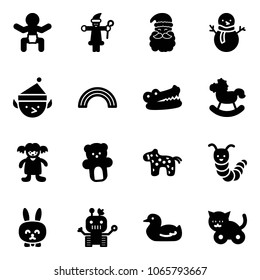 Solid vector icon set - baby vector, santa claus, snowman, christmas elf, rainbow, crocodile, rocking horse, doll, bear toy, caterpillar, rabbit, robot, duck, cat