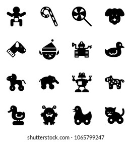Solid vector icon set - baby vector, lollipop, dog, christmas elf, robot, duck toy, wheel horse, elephant, monster, cat