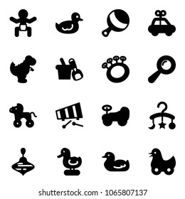 Solid vector icon set - baby vector, duck toy, beanbag, car, dinosaur, shovel bucket, wheel horse, xylophone, carousel, wirligig