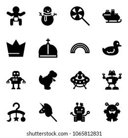 Solid vector icon set - baby vector, snowman, lollipop, santa sleigh, crown, rainbow, duck toy, robot, dinosaur, ufo, carousel, unicorn stick, monster
