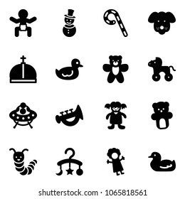 Solid vector icon set - baby vector, snowman, lollipop, dog, crown, duck toy, bear, wheel horse, ufo, horn, doll, caterpillar, carousel