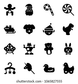 Solid vector icon set - baby vector, santa claus, lollipop, sleigh, dog, christmas elf, dinosaur toy, ufo, robot, bear, rabbit, carousel, unicorn stick, duck