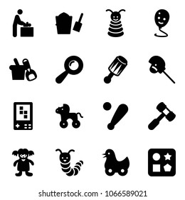 Solid vector icon set - baby room vector, bucket scoop, pyramid toy, balloon smile, shovel, beanbag, horse stick, game console, wheel, baseball bat, hammer, doll, caterpillar, duck, cube hole