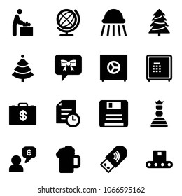 Solid vector icon set - baby room vector, globe, shower, christmas tree, bow message, safe, money case, history, save, chess queen, dialog, beer, usb wi fi, conveyor