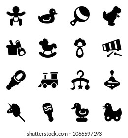 Solid vector icon set - baby vector, duck toy, beanbag, dinosaur, shovel bucket, rocking horse, xylophone, train, carousel, wirligig, unicorn stick