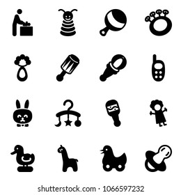 Solid vector icon set - baby room vector, pyramid toy, beanbag, phone, rabbit, carousel, doll, duck, giraffe, soother