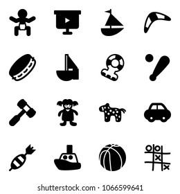 Solid vector icon set - baby vector, presentation board, sailboat toy, boomerang, tambourine, teethers, baseball bat, hammer, doll, horse, car, dart, boat, basketball, Tic tac toe