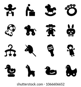 Solid vector icon set - baby vector, room, rocking horse, beanbag, teethers, wheel, doll, toy rabbit, carousel, unicorn stick, duck, giraffe