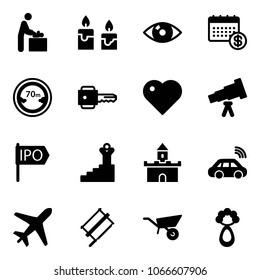 Solid vector icon set - baby room vector, candle, eye, calendar, limited distance road sign, key, heart, telescope, ipo, success, sand fort, car wireless, plane, bucksaw, wheelbarrow, beanbag