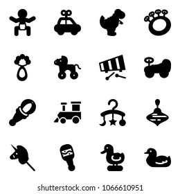 Solid vector icon set - baby vector, car toy, dinosaur, beanbag, wheel horse, xylophone, train, carousel, wirligig, unicorn stick, duck