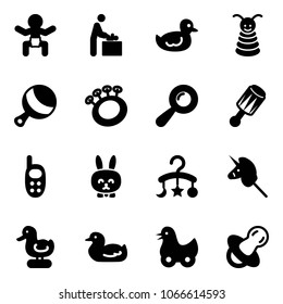 Solid vector icon set - baby vector, room, duck toy, pyramid, beanbag, phone, rabbit, carousel, unicorn stick, soother