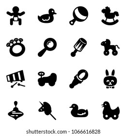 Solid vector icon set - baby vector, duck toy, beanbag, rocking horse, wheel, xylophone, car, rabbit, wirligig, unicorn stick