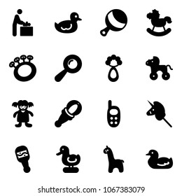 Solid vector icon set - baby room vector, duck toy, beanbag, rocking horse, wheel, doll, phone, unicorn stick, giraffe