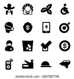 Solid vector icon set - baby vector, christmas wreath, three leafs, disabled, medical mask, safe, mobile payment, target, manager, garbage, check, dollar, music player, stapler, construction helmet
