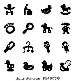 Solid vector icon set - baby vector, room, duck toy, rocking horse, beanbag, wheel, doll, carousel, soother