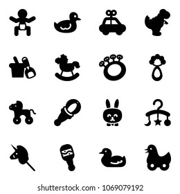 Solid vector icon set - baby vector, duck toy, car, dinosaur, shovel bucket, rocking horse, beanbag, wheel, rabbit, carousel, unicorn stick