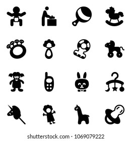 Solid vector icon set - baby vector, room, beanbag, rocking horse, teethers, wheel, doll, phone toy, rabbit, carousel, unicorn stick, giraffe, soother