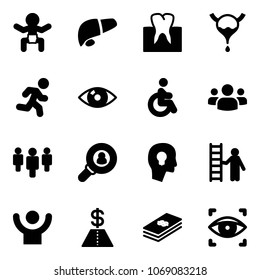 Solid vector icon set - baby vector, liver, tooth, bladder, run, eye, disabled, group, head hunter, bulb, opportunity, success, dollar, scanner