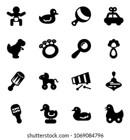 Solid vector icon set - baby vector, duck toy, beanbag, car, dinosaur, wheel horse, xylophone, wirligig