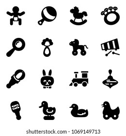 Solid vector icon set - baby vector, beanbag, rocking horse, wheel, xylophone, toy rabbit, train, wirligig, duck