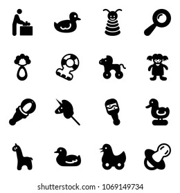 Solid vector icon set - baby room vector, duck toy, pyramid, beanbag, teethers, wheel horse, doll, unicorn stick, giraffe, soother