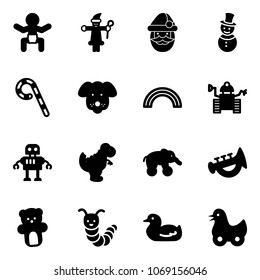 Solid vector icon set - baby vector, santa claus, snowman, lollipop, dog, rainbow, robot, dinosaur toy, elephant wheel, horn, bear, caterpillar, duck