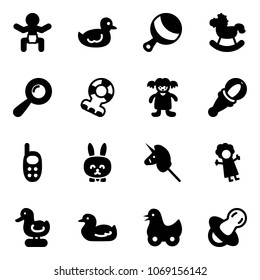 Solid vector icon set - baby vector, duck toy, beanbag, rocking horse, teethers, doll, phone, rabbit, unicorn stick, soother