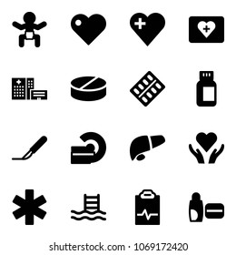 Solid vector icon set - baby vector, heart, first aid kit, hospital building, pill, pills blister, bottle, scalpel, mri, liver, care, ambulance star, pool, pulse clipboard, uv cream