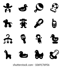 Solid vector icon set - baby vector, duck toy, beanbag, teethers, wheel horse, doll, phone, carousel, giraffe, soother