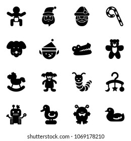 Solid vector icon set - baby vector, santa claus, lollipop, dog, christmas elf, crocodile, bear toy, rocking horse, doll, caterpillar, carousel, robot, duck, monster